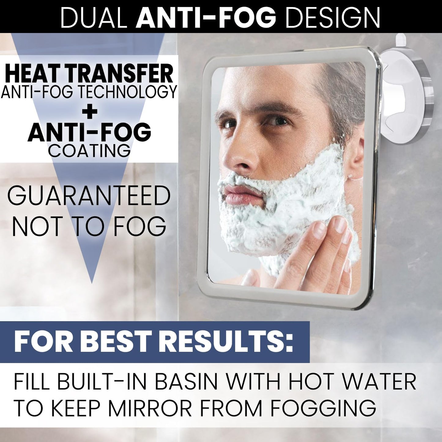Fogless Shower Mirror for Shaving - Upgraded Suction, Dual Anti-Fog Design, Shatterproof Surface | 8" x 7" Chrome