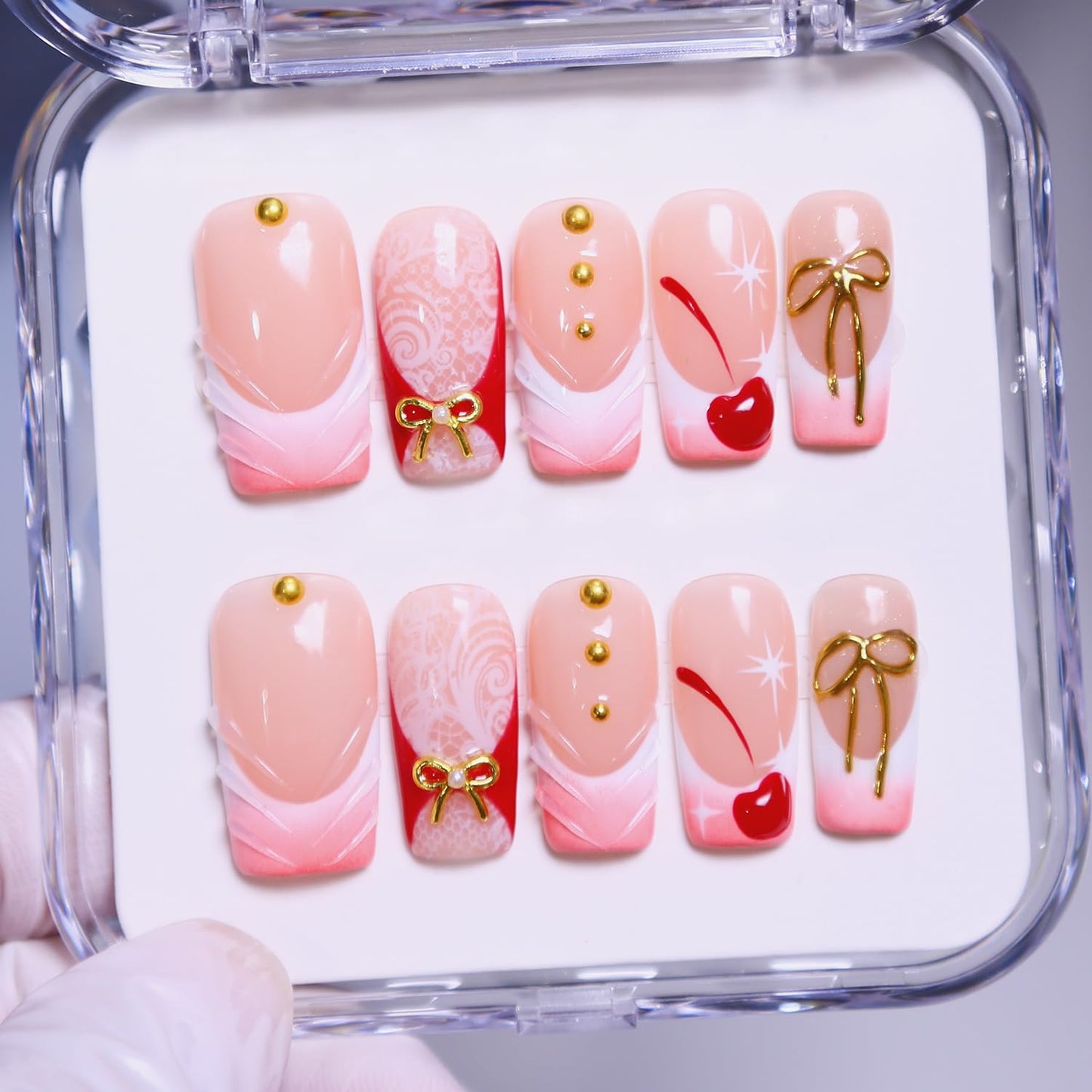 Press On Almond Nails - Handmade 3D Design, Thick Acrylic Gel | Reusable DIY Artificial Nails for Women (10 Pieces)