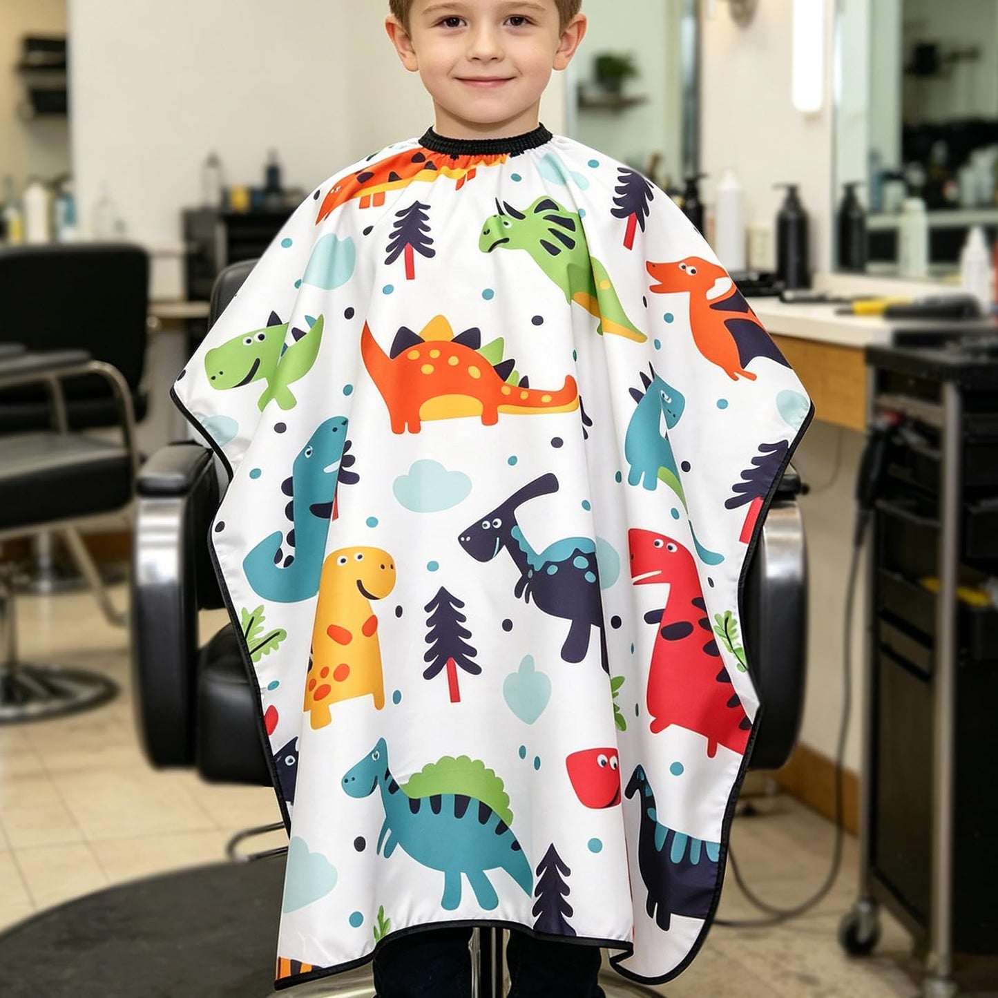 Dinosaur Print Hair Cutting Gown with Neck Elastic, Waterproof Salon Cape for Haircut Styling Home Use