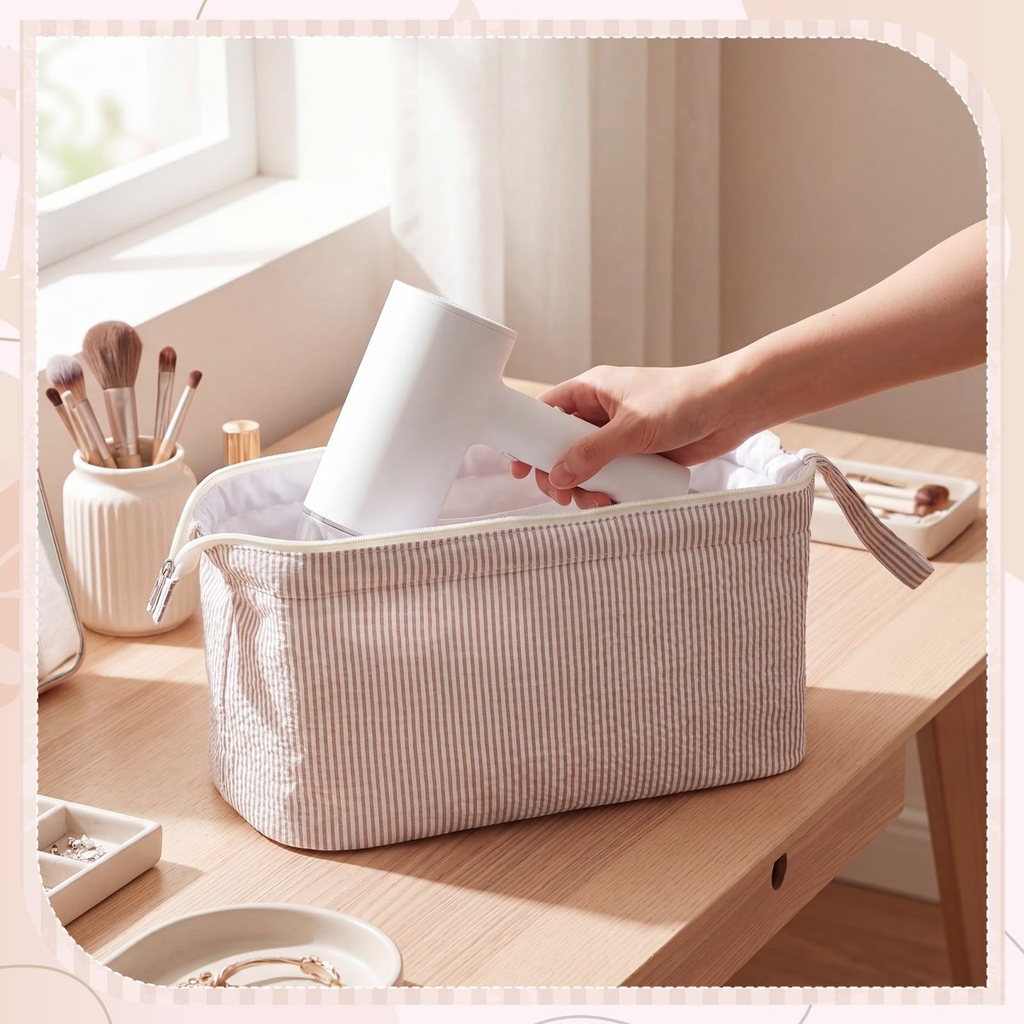 Huhumy Hair Tools Travel Bag with Handle, Large Khaki Striped Seersucker Wide Open Quilted Hot Styling Tool Organizer for Hair Dryer, Curling Irons, Flat Irons, Haircare Accessories Travel Necessities