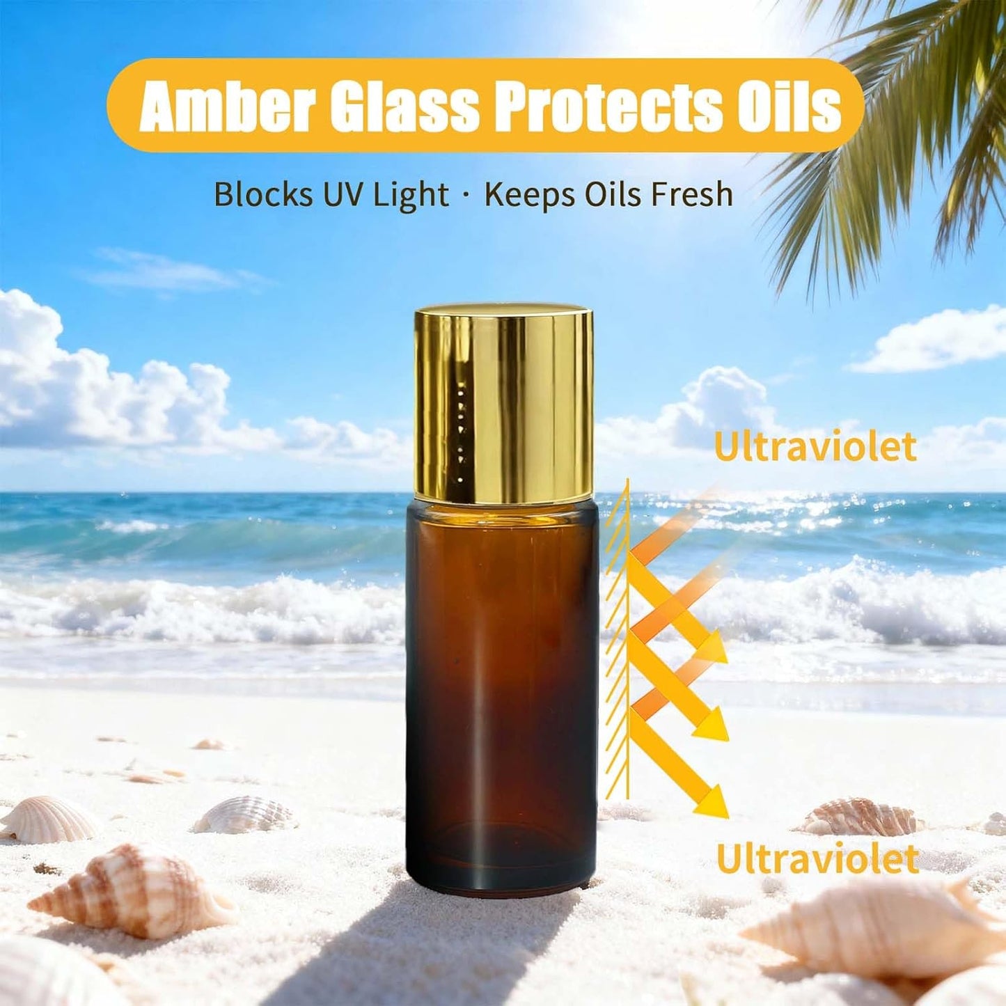 Rose Quartz Roller Bottles - 50ml Refillable Amber Glass Roll-On for Essential Oils | Leak-Proof Travel Perfume Bottle with Gold Caps