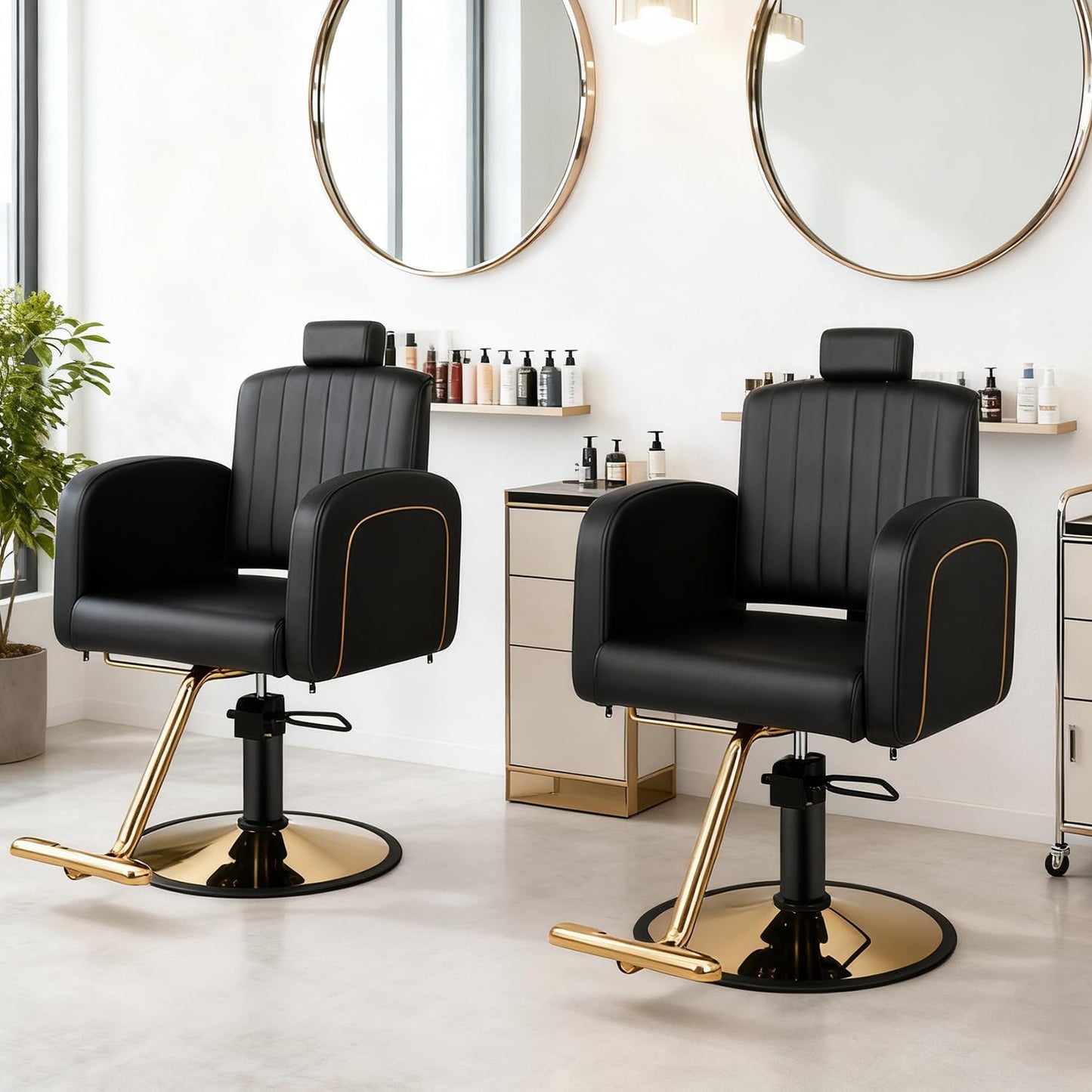 Reclining Salon Barber Chair - Black & Gold Heavy Duty Hydraulic with Adjustable Backrest | Supports 330 lbs, 360° Swivel