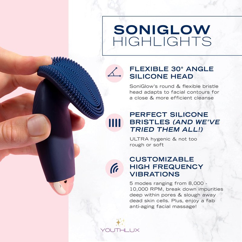YOUTHLUX SoniGlow Silicone Face Scrubber/Facial Cleansing Brush – Electric Vibrating Skincare Scrubber Tool for Deep Pore Cleansing, Gentle Massage, Makeup Removal, Waterproof and Rechargeable (Navy)