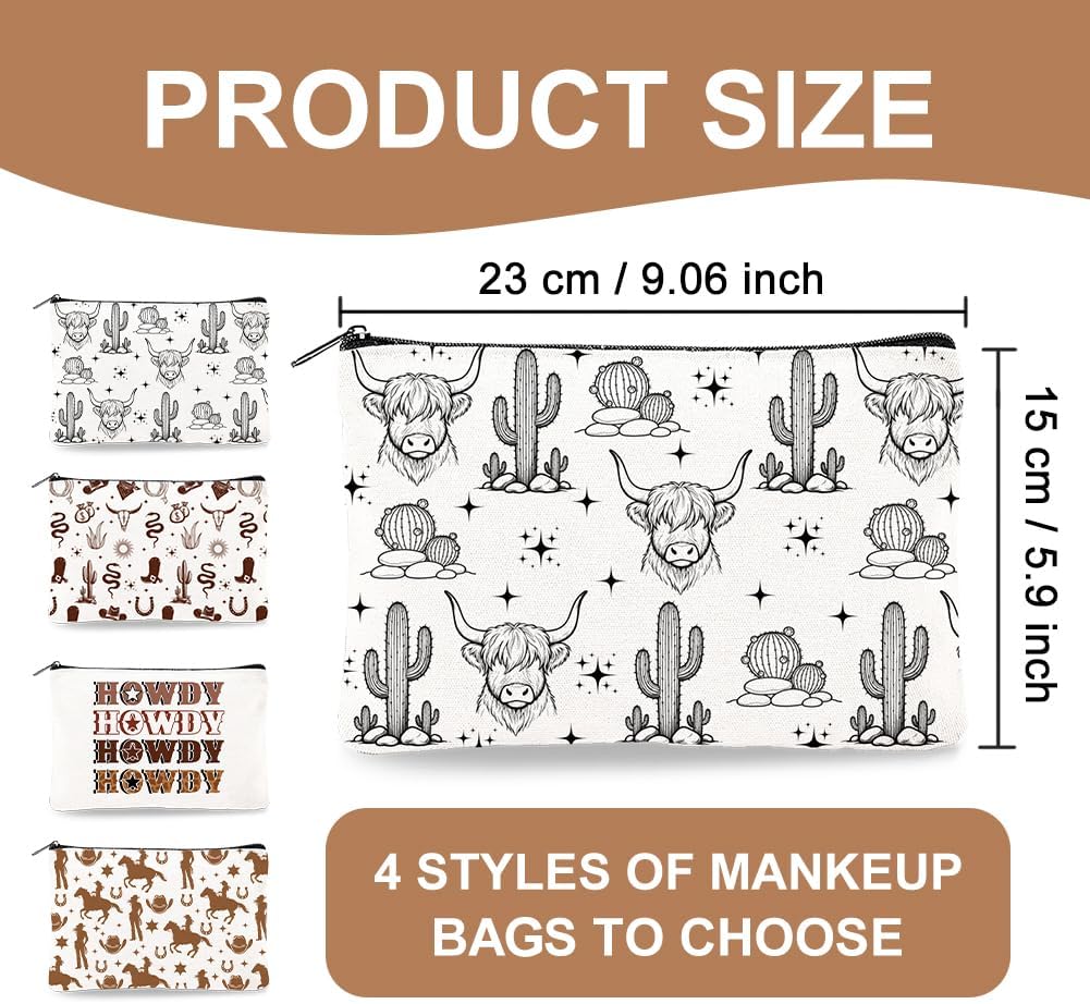 Canvas Western Cowboy Makeup Bag Set - 4Pcs Cactus Cow Design | Portable Travel Organizer, Large Capacity Toiletry Pouches 9.06” x 5.9”