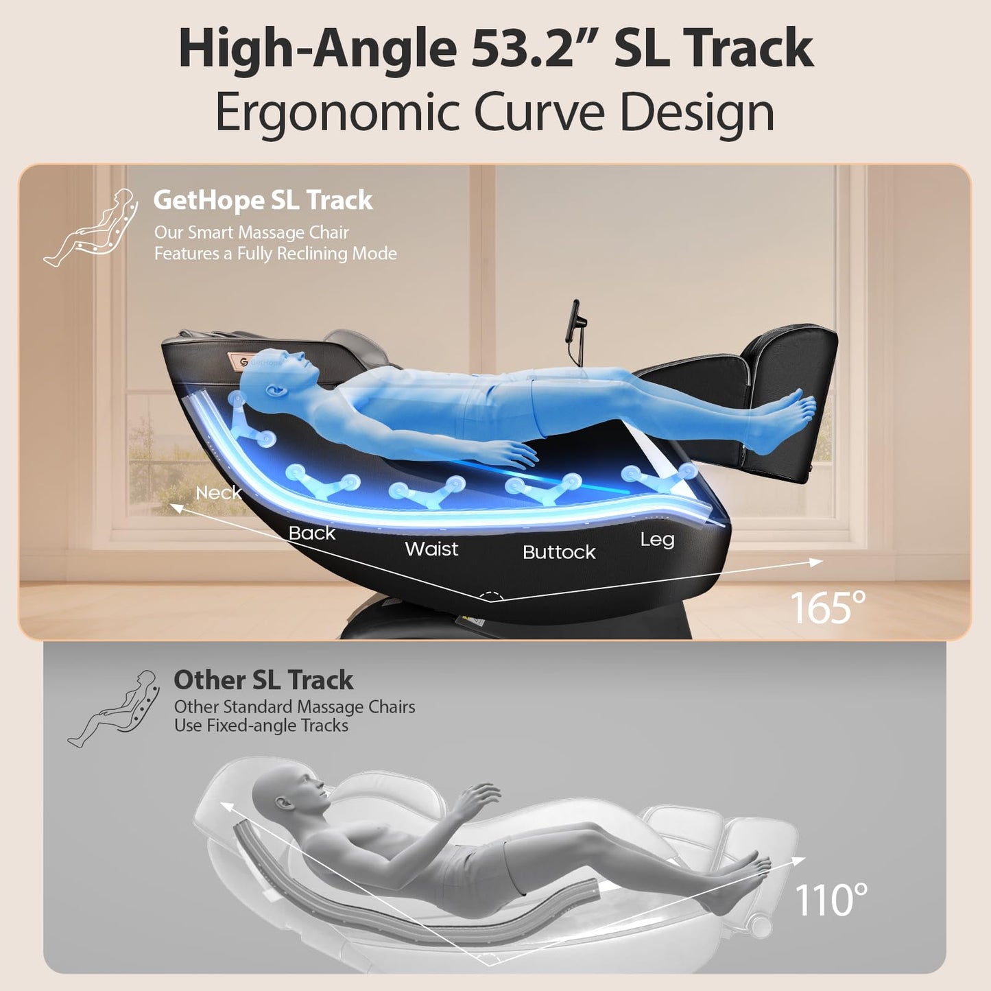 Gethope 4D Massage Chair Full Body - 53.2" Ultra Long SL-Track Massage Chair Zero Gravity Massage Recliner with Foot Roller, 10 Modes 6 Technique, 32 Airbags, 3 Core Heating, AI Voice, Yoga Stretch