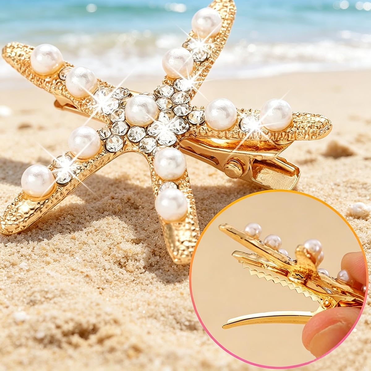 Starfish Hair Clips - Pearl Crystal Rhinestone Barrettes | Non-Slip Ponytail Holders for Weddings & Beach Parties - 2PCS