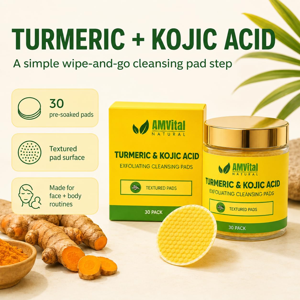 AMVital Turmeric Kojic Acid Cleansing Pads, Pre-Soaked Face Pads