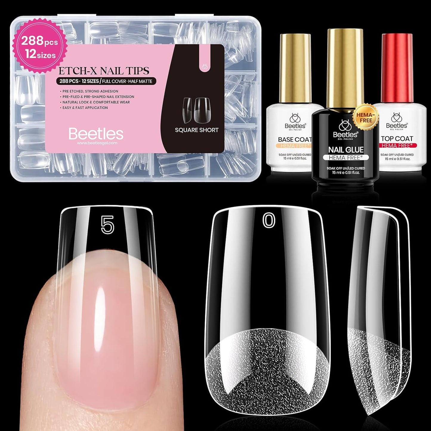 Beetles Gel Nail Kit - Almond Short 288pcs Nail Tips with Hema-Free Glue & Base Gel Set | DIY Acrylic Press-On Nails