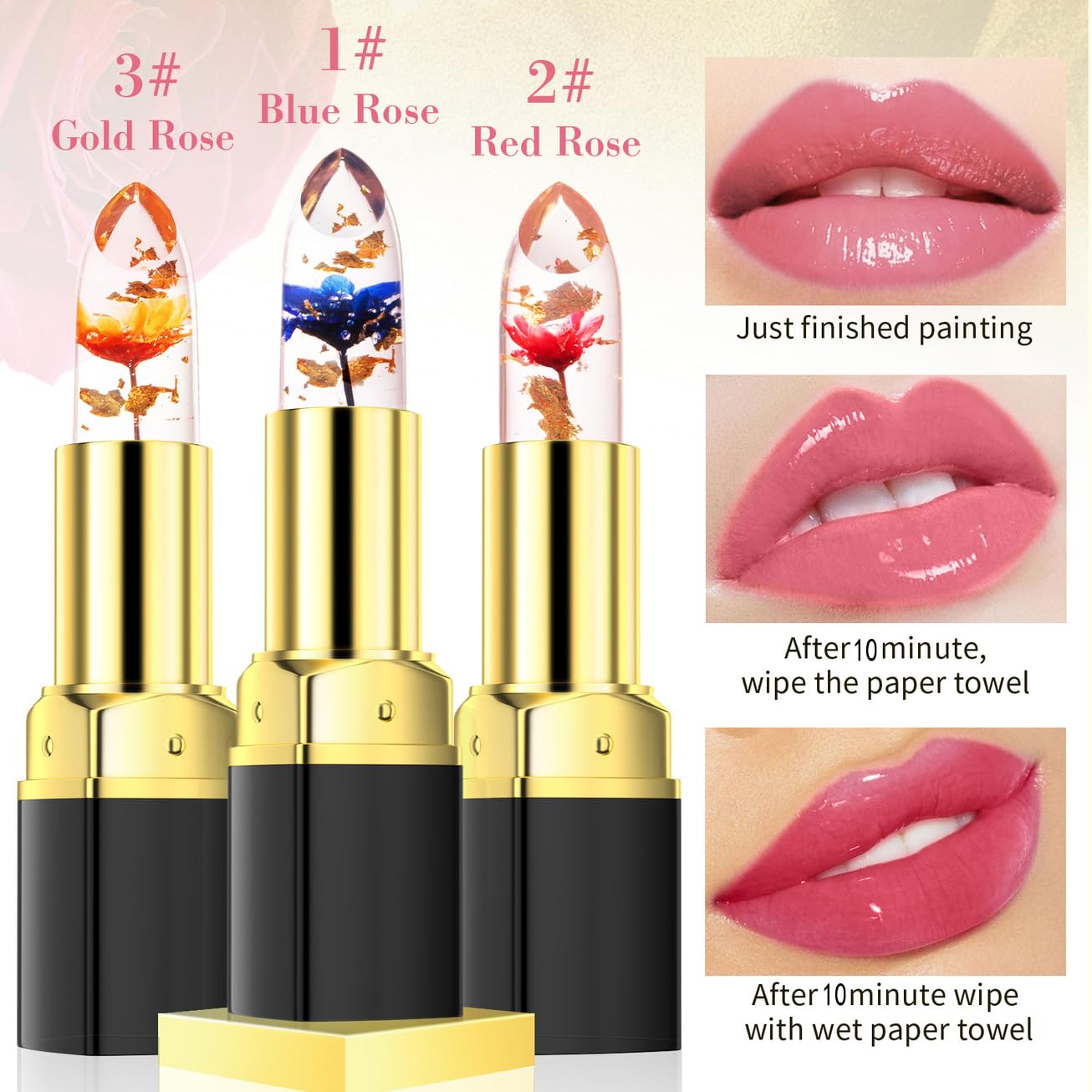 Jelly Clear Crystal Flower Lipstick Set - Magic PH Color Changing Lip Gloss | 3 Pcs Moisturizing Tinted Balm