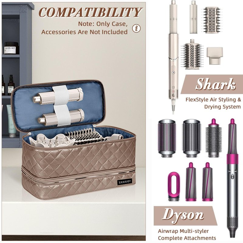 ZRRAJOY Double Layer Storage Case for Shark Flexstyle, Travel Carrying Case for Shark 430/440, Organizer Bag for Dyson Airwrap Styler Attachments (Bronze)