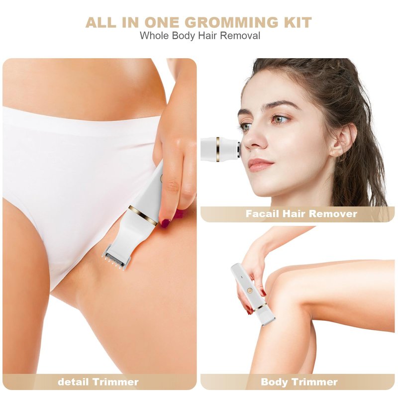 2-in-1 Electric Body Trimmer & Facial Hair Remover Set for Women, Waterproof Rechargeable Bikini Trimmer & Shaver, White/Rose Gold