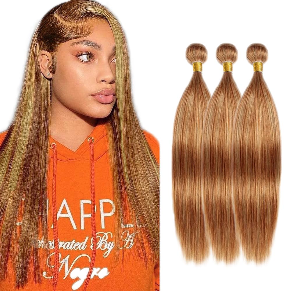 Huxowax 28 30 32 Inch P27/30 Straight Highlight Blonde Human Hair Extensions Light Brown Weave 3 Bundles Total 300g Doubles Weft Human Hair Bundles