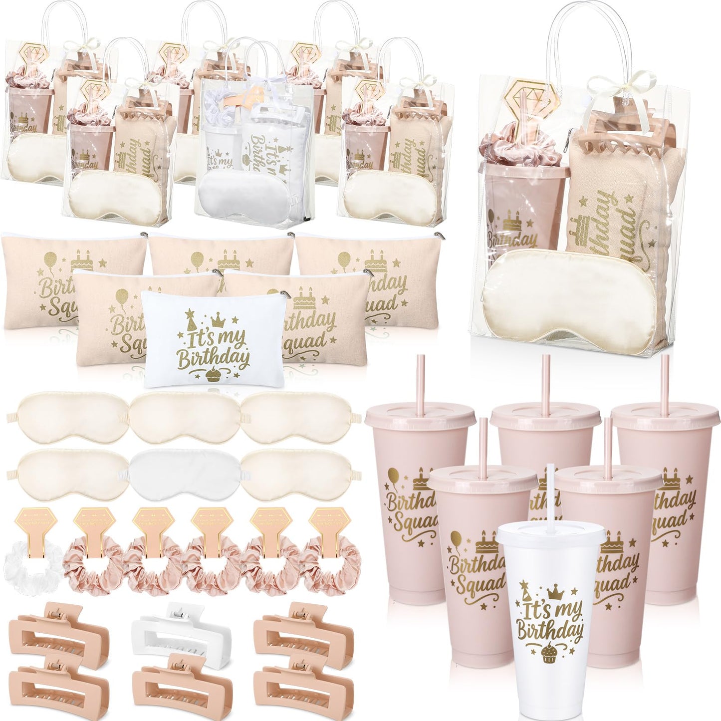 Ferrochef 6 Sets Birthday Squad Party Favors for Women Birthday Squad Cups Tumblers with Lids Straws Makeup Bags Satin Eye Masks Hair Clips Hair Scrunchies for Spa Sleepover Accessories (Beige White)