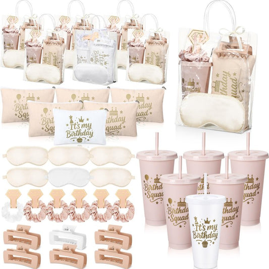Ferrochef 6 Sets Birthday Squad Party Favors for Women Birthday Squad Cups Tumblers with Lids Straws Makeup Bags Satin Eye Masks Hair Clips Hair Scrunchies for Spa Sleepover Accessories (Beige White)