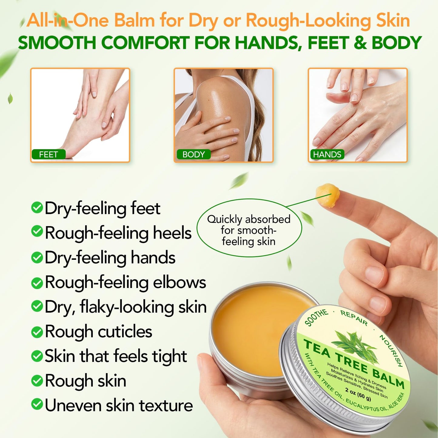 ABOUME Tea Tree Oil Balm, Tea Tree Balm Help Dry, Itchy & Fungal-Prone Skin, Soothing Moisturizing Balm Suitable for Feet, Heels, Hands & Body, Natural Formula, 60g (1PCS)