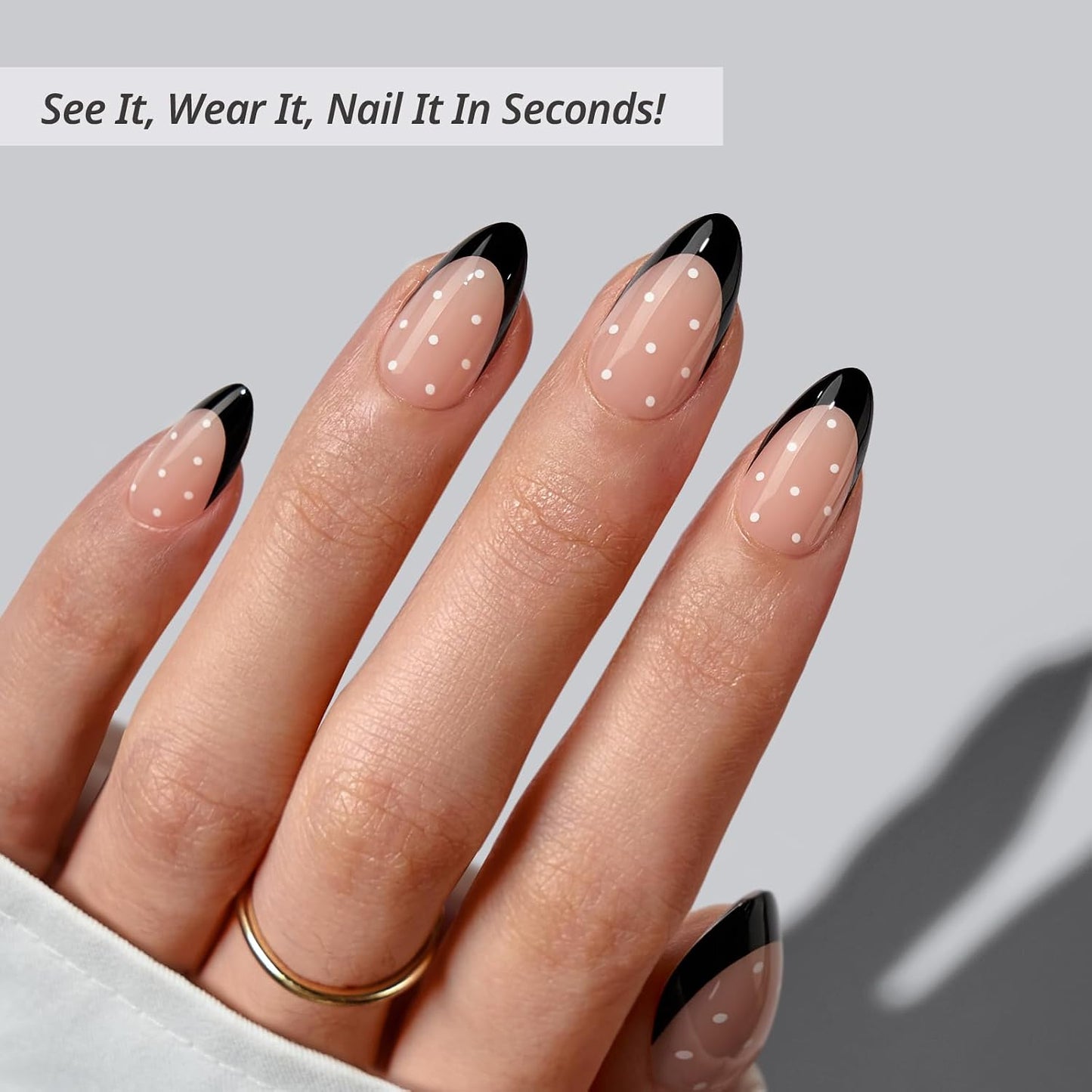 Press On Nails - Almond Black French Tip Soft Gel Nails | 32 Stick-On Nails Kit with Glue & Adhesive Tabs, 16 Sizes Available