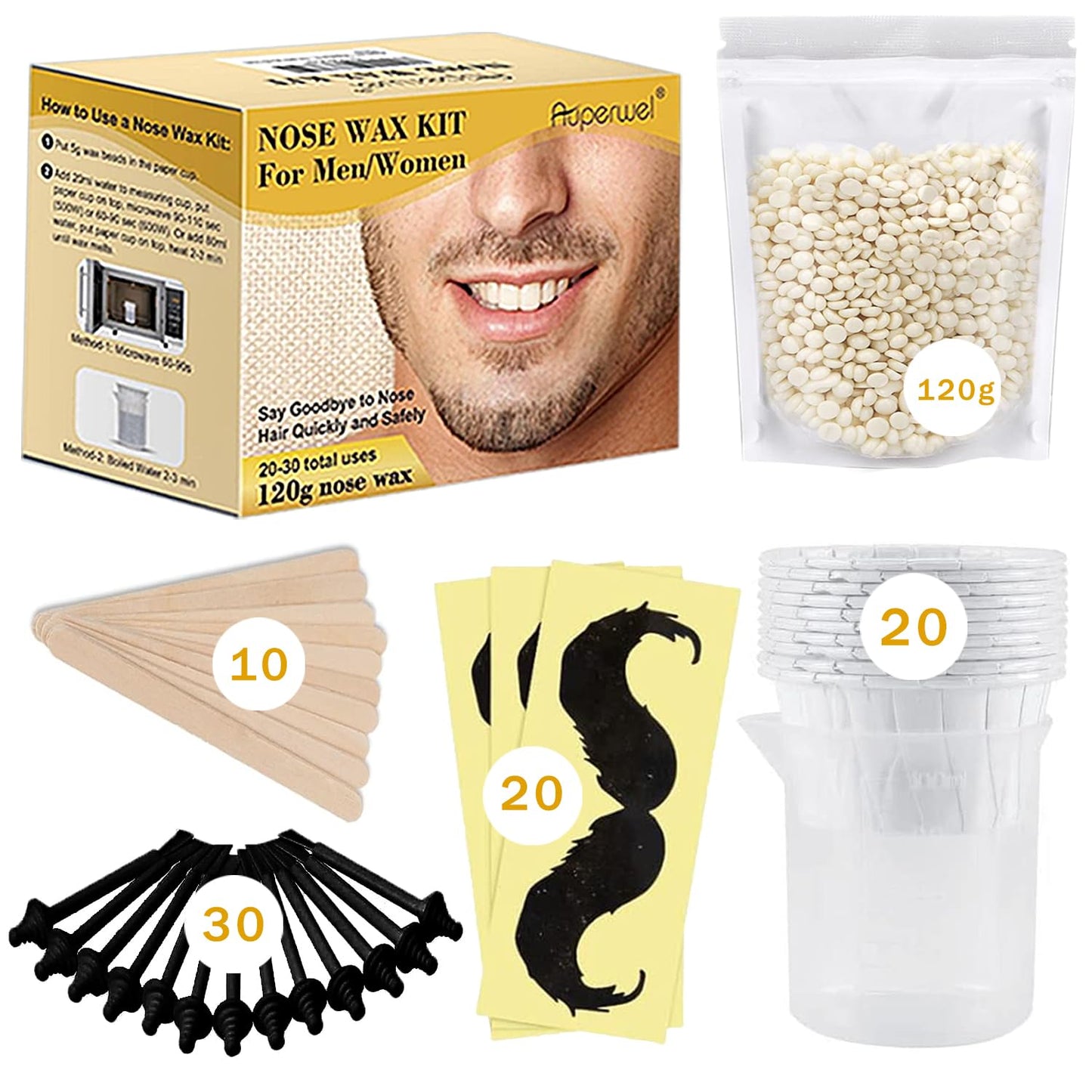 Auperwel Nose Wax Kit - Includes 120g Wax and 30 Applicators for Quick & Painless Nose Hair Removal, Lasts 20-30 Uses (Up to 4-6 Weeks), Ideal for Men and Women - Black
