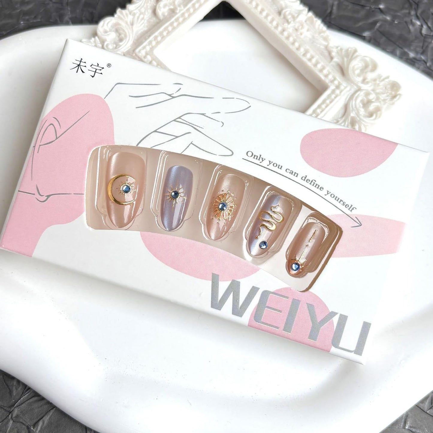 Gold Star Press-On Nails - 30 Pcs Medium Almond Acrylic with 3D Blue Rhinestones | Bohemian Style