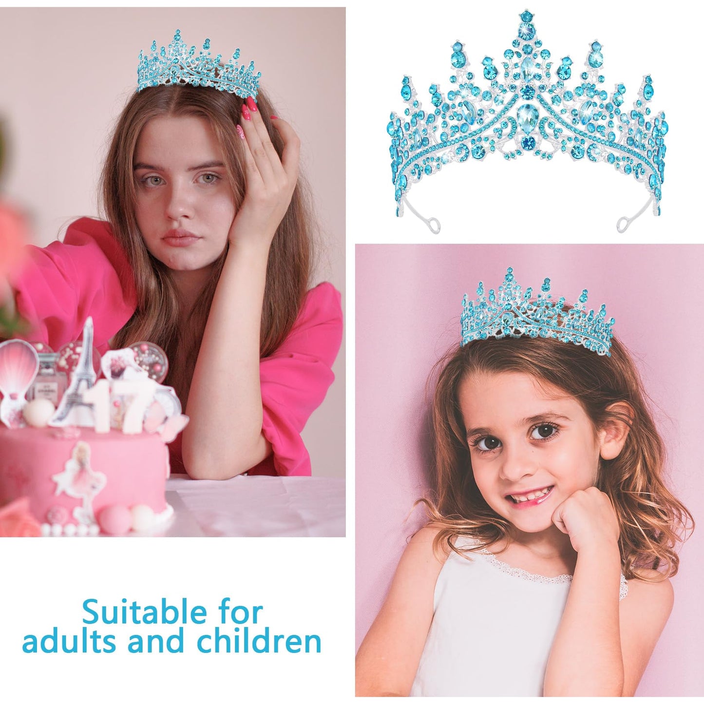 CAVETEE Princess Crown and Sash, Glitter Tiara for Party Decorations, Happy Birthday Accessories for Women Girls (Blue), Standard
