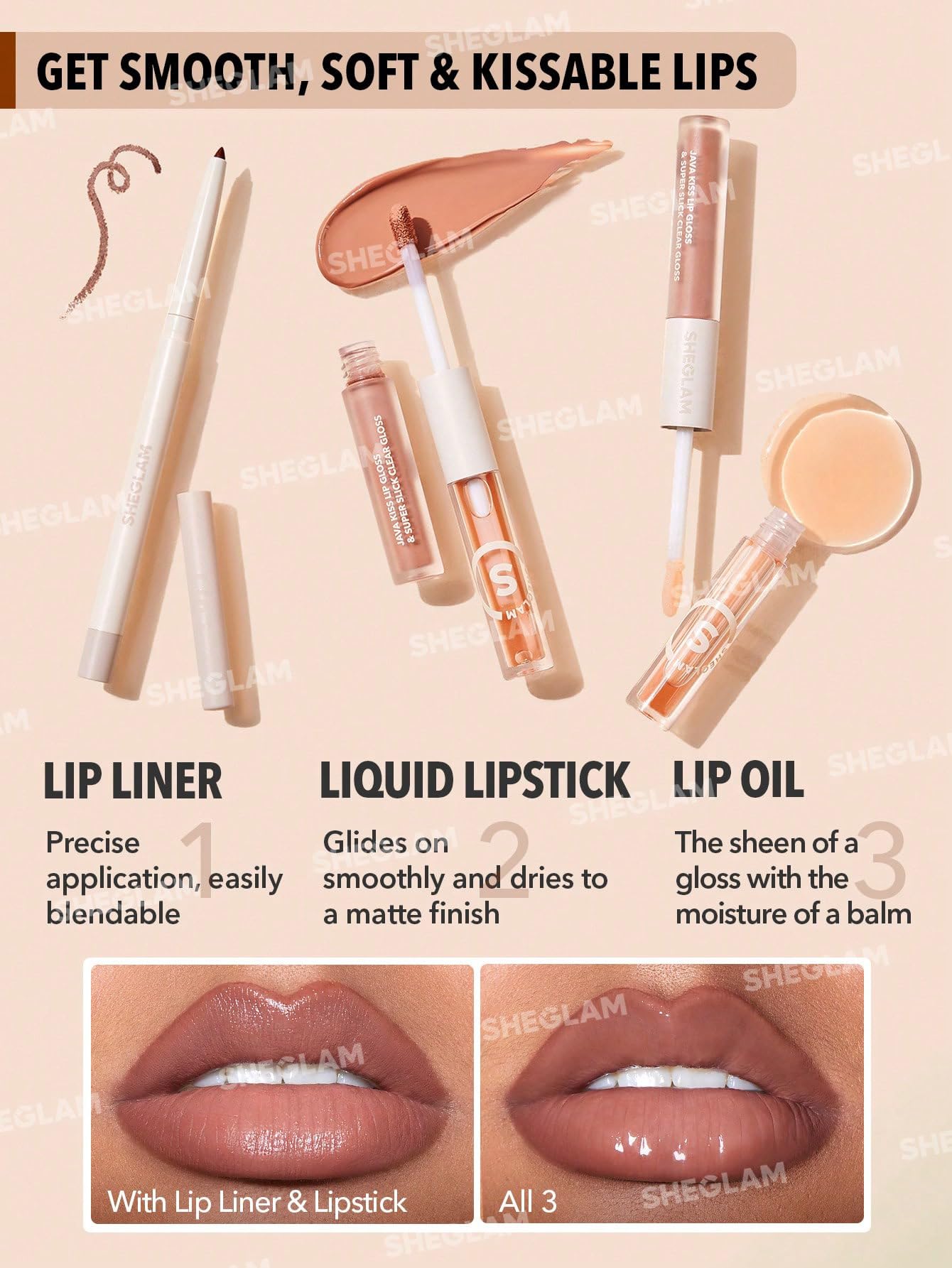 SHEGLAM Soft 90'S Glam 3-In-1 Lip Liner Moisturizing Plant Extracts Long Lasting Liquid Lipstick Plumping Lip Gloss Makeup Set - Moody Taupe