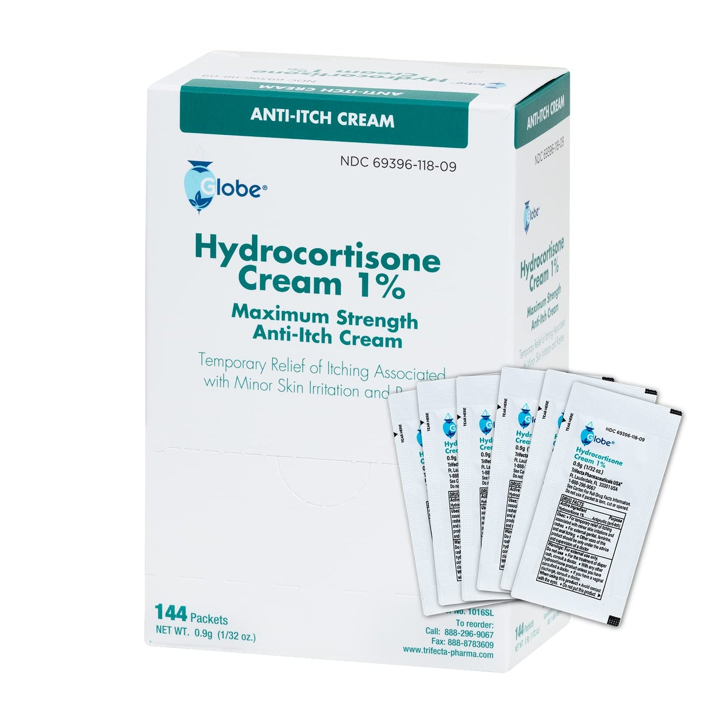 Globe (Box 144 Hydrocortisone 1% Maximum Strength Cream, (0.9g Single Packet) Anti-Itch Cream for Redness, Swelling, Itching, Rash, Bug/Mosquito Bites, Eczema, Hemorrhoids & More