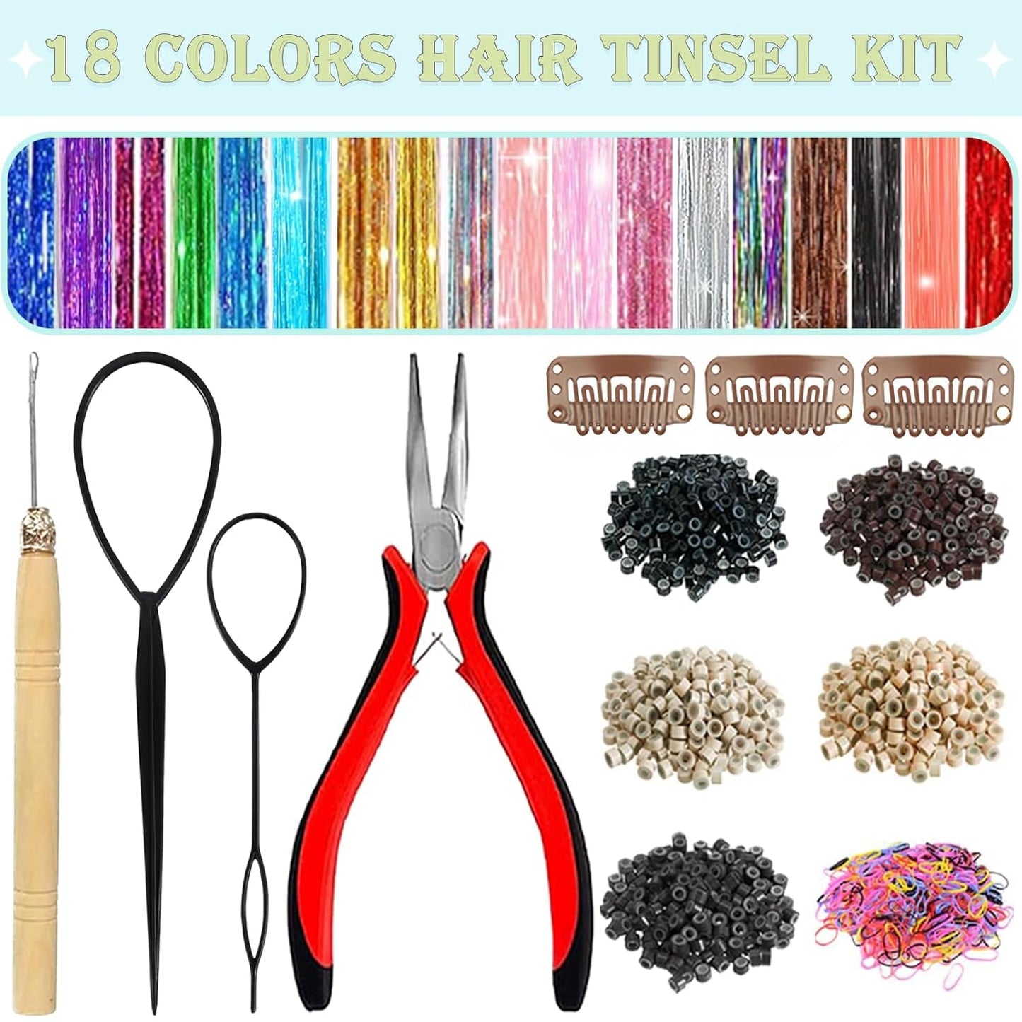 Hair Tinsel Kit - 18 Colors Holographic Hair Extensions | Heat Resistant Fairy Tinsel for Festivals & Parties