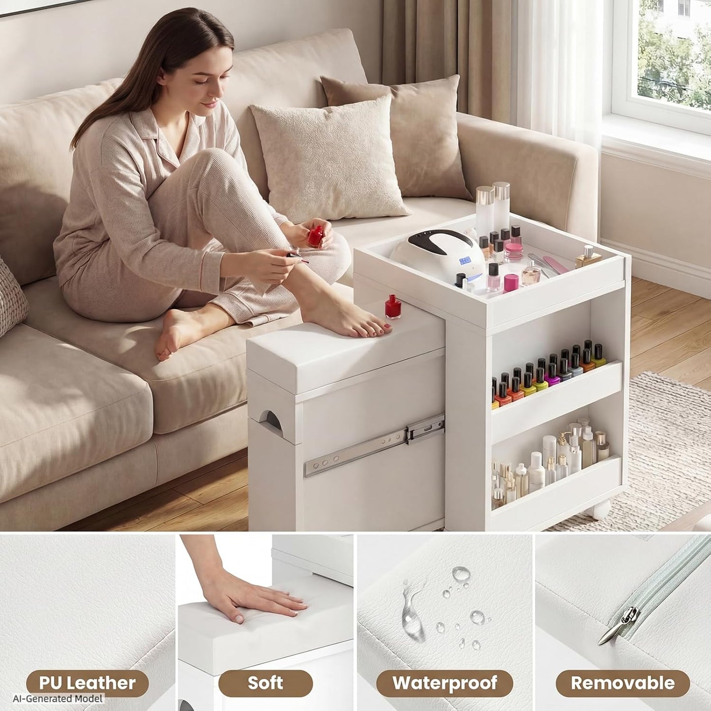 Mobile Pedicure Trolley Cart - Extendable Foot Rest, Wheels & Storage Shelves | 26.3” L for Nail Techs & Home Salons