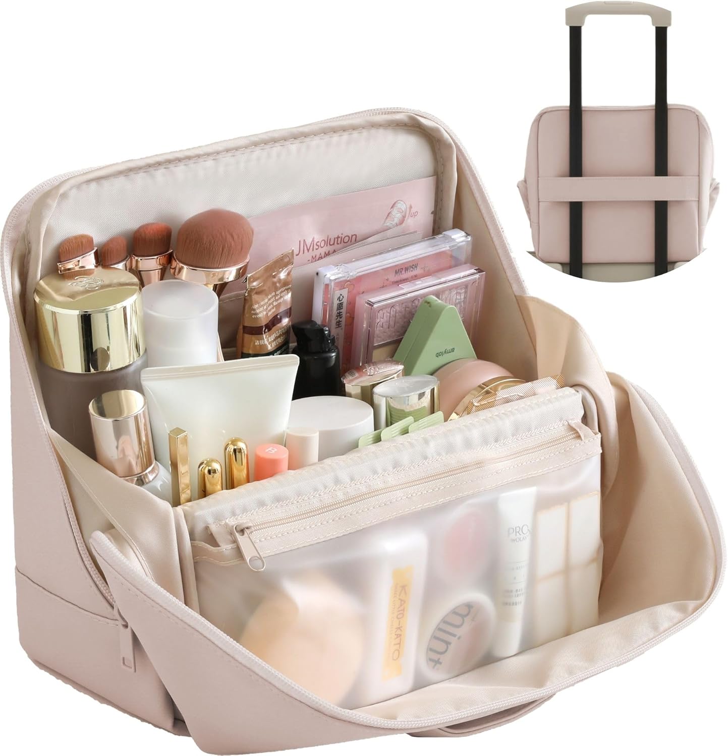 Travel Makeup Bag - Waterproof Leather Cosmetic Organizer for Women | Multi-Zone Storage, Cream, X-Large