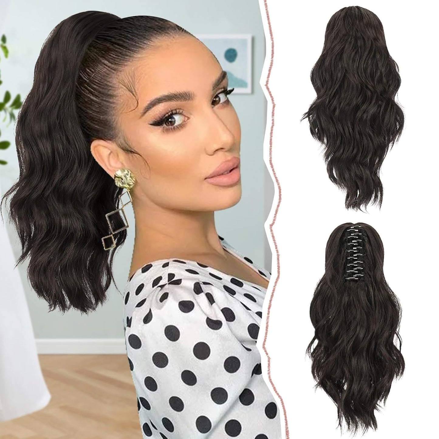 Ponytail Extension - Short Wavy Claw Clip-In Synthetic Hairpiece | Black Layered Curly Drawstring for Women