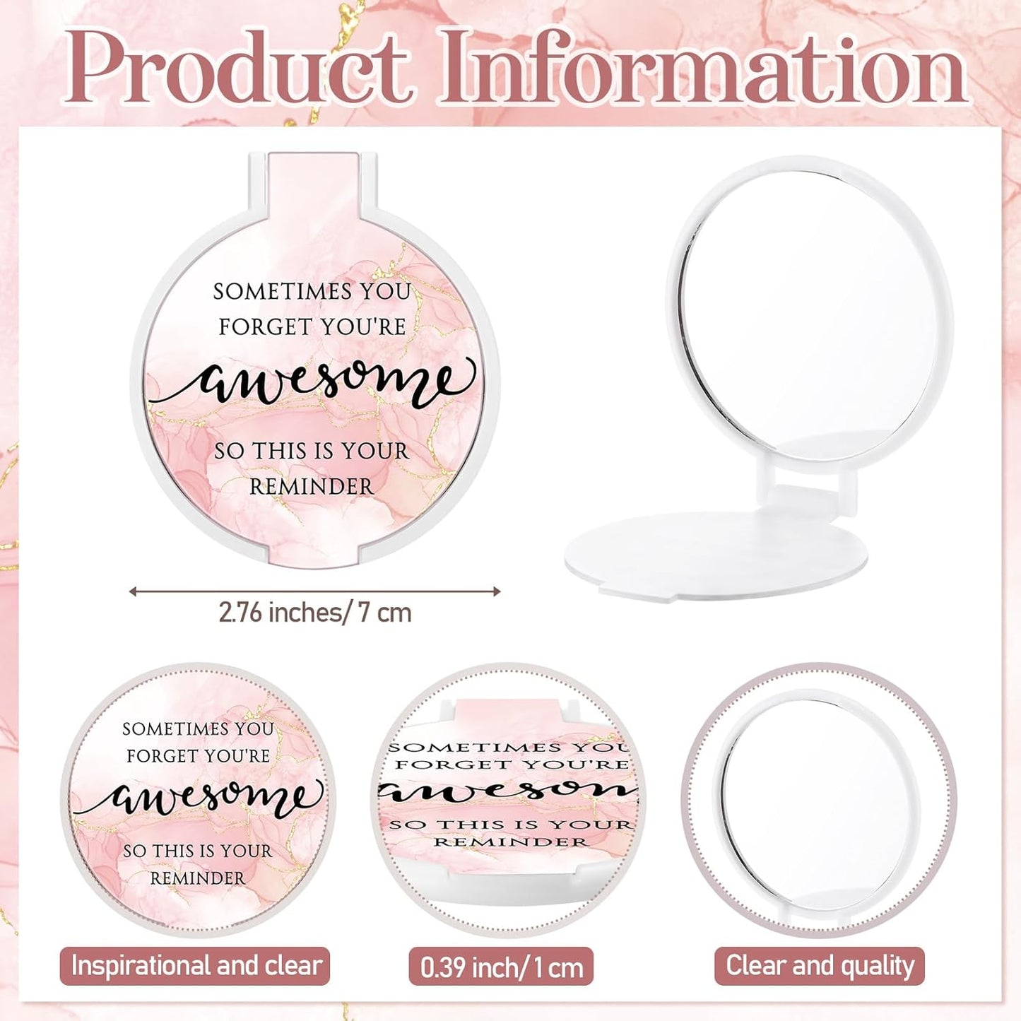 Inspirational Compact Mirror Set - 25 Bulk Gifts for Women | 2.76-Inch Portable Folding Mirror in Pink Marble