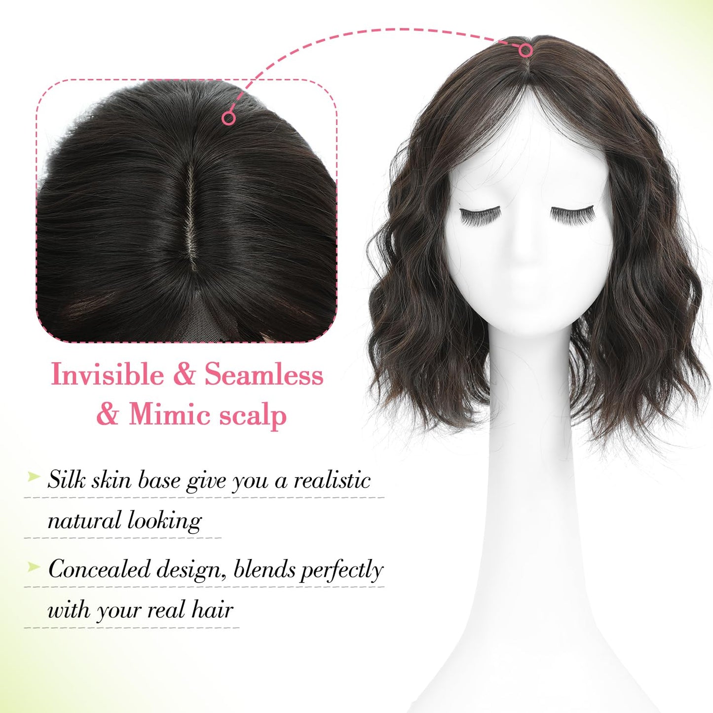 Short Wavy Hair Topper for Women - 11 Inch Natural Synthetic Hairpiece, Lightweight & Breathable | Dark Brown, 6.5"x6.5" Base