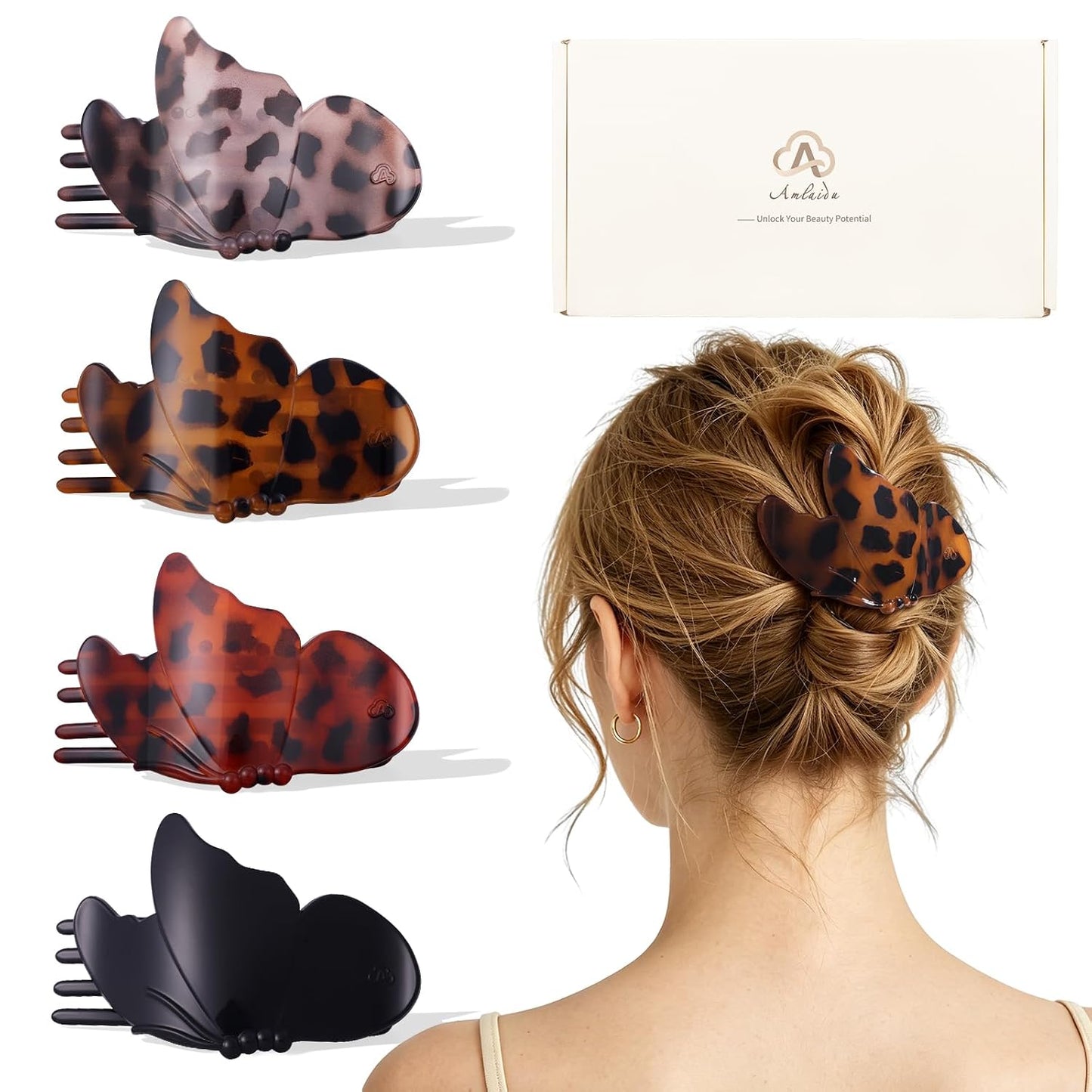 Large Flat Hair Clips for Thick & Thin Hair - Butterfly Claw Clips for Women | 4 Pcs in Beige, Brown & Black