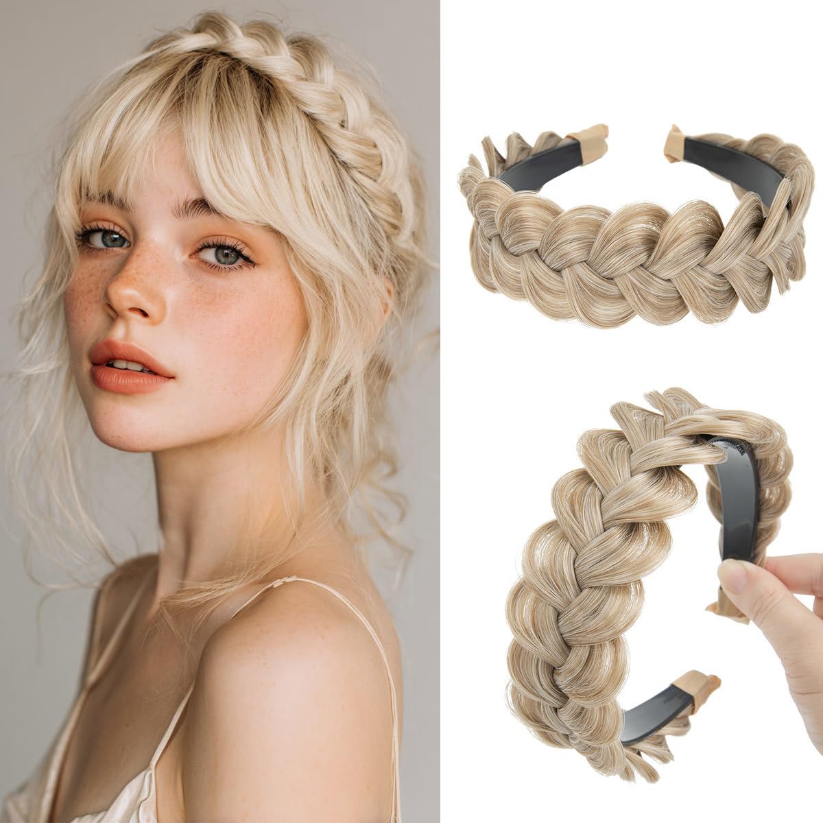 Braided Headbands for Women - Handmade Synthetic Hair Hoops with Teeth | Sand Color, 1PC