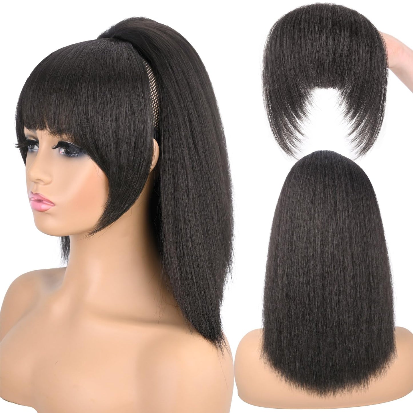Ponytail Extension with Bangs - Yaki Straight Synthetic Hairpiece | 16-Inch Clip-In for Black Women (Black Brown)