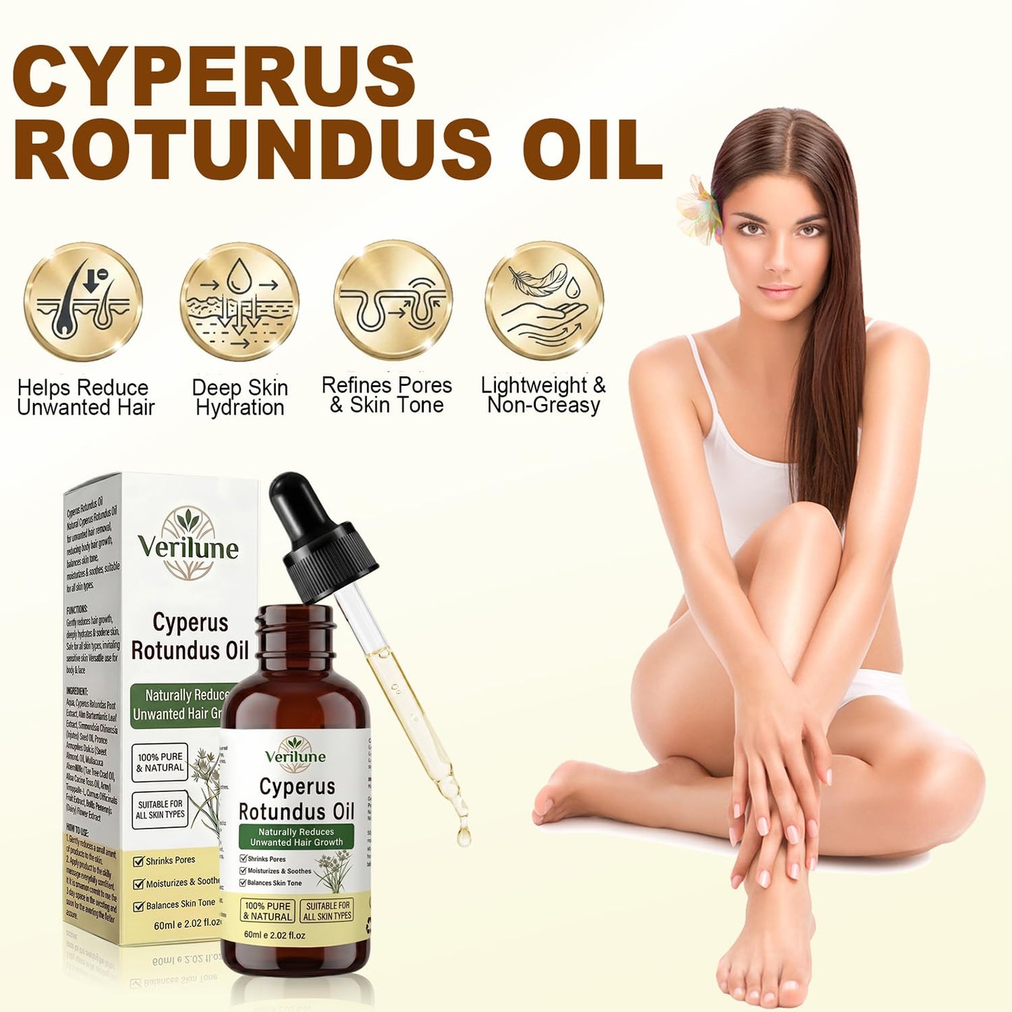 Verilune Cyperus Rotundus Oil, Natural Cyperus Rotundus Oil, Reduces Unwanted Hair Growth, Hydrating and Smoothing Skin Care Oil, Helps Refine the Look of Pores, 2.02 Fl Oz (60ml)