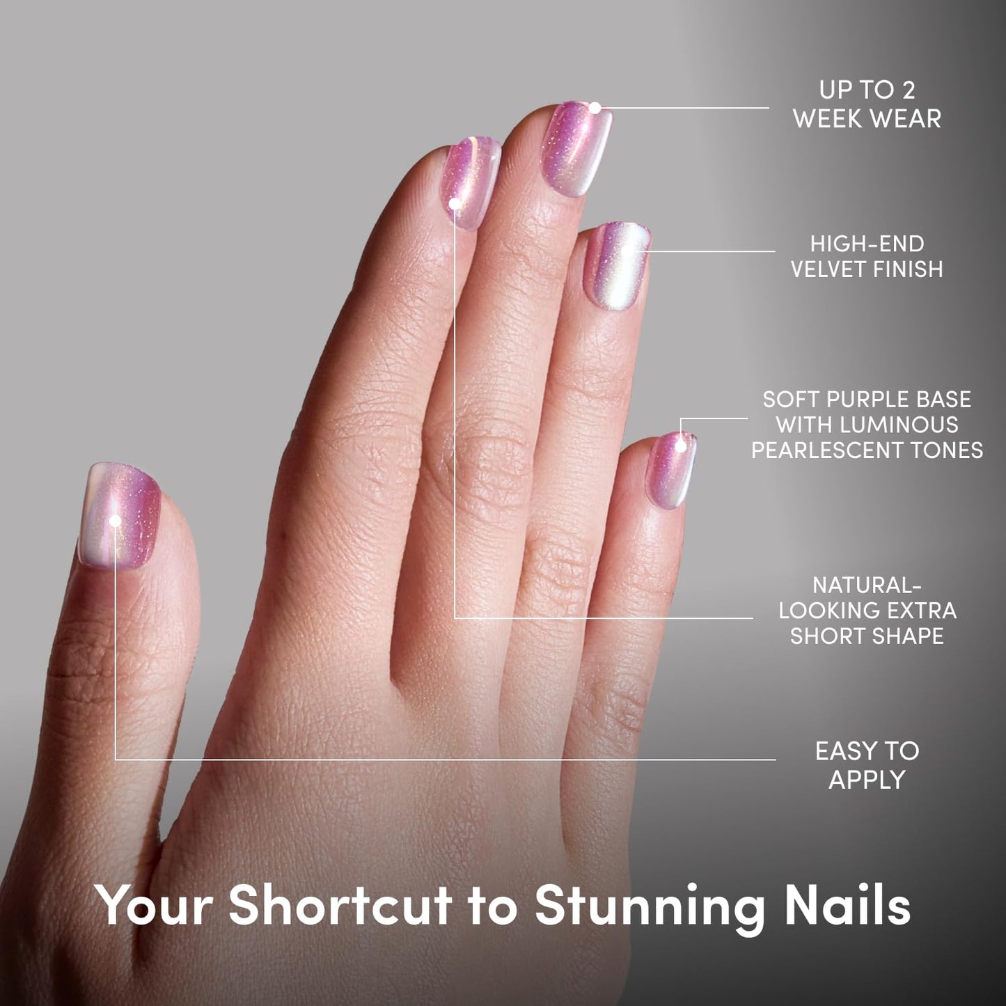 Glamnetic Press On Nails - Extra Short Fake Nails | Pearlescent Purple Velvet Press On Nails, Salon Quality Kit with Glue | Oyster Baby - 30 Nail Set in 12 Sizes