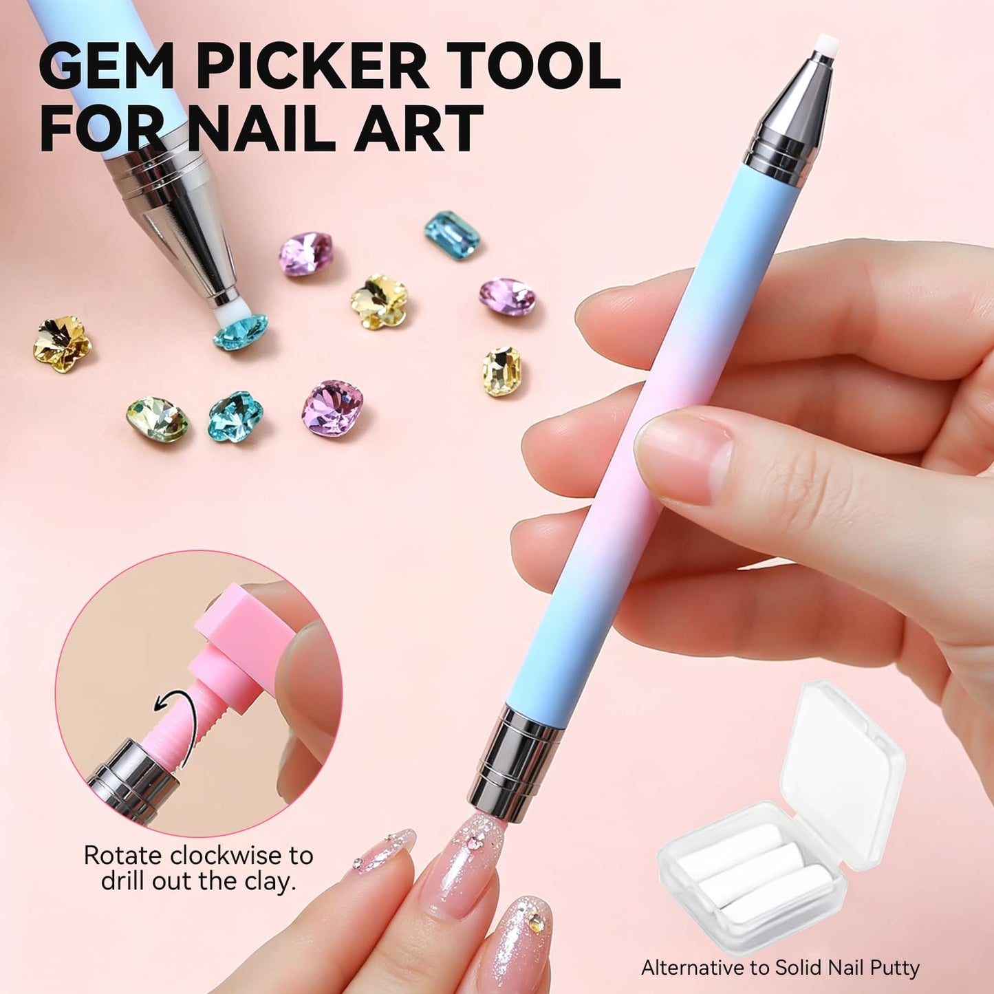 ESUOHYM 9 PCS Rhinestone Picker Tool Set, Refillable Wax Pencil for Rhinestones Bedazzling Pen Gems Picker Up Tools Diamond Art Tray Tweezers With Silicone Press Heads, Nail Art Tools for Diy Design