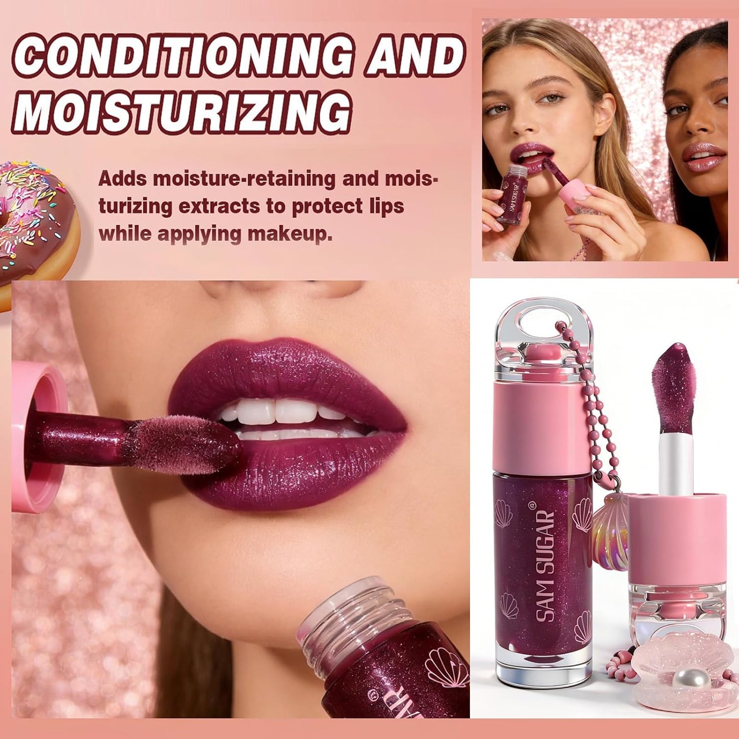 Shimmery Lip Gloss - Glitter Moisturizing Lipstick for Hydration | Non-Sticky, Vegan, 3 Colors Available