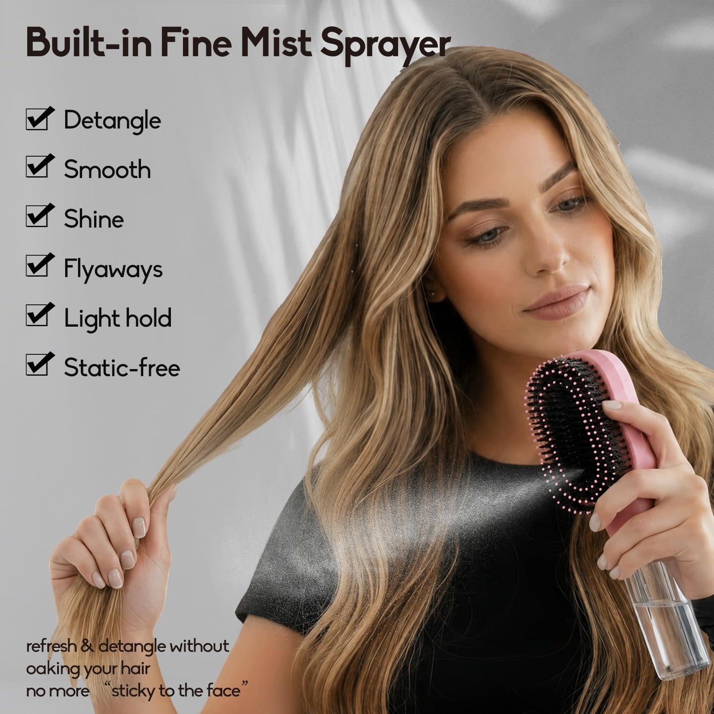 Manual Spray Hair Brush with Fine Mist for Frizz Control, Pink