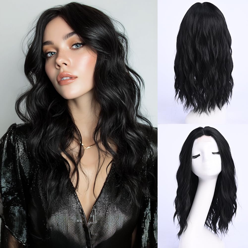 Wavy Wigs for Women - 18 Inch Medium Length Synthetic Wig | Natural Looking & Heat Resistant - Black