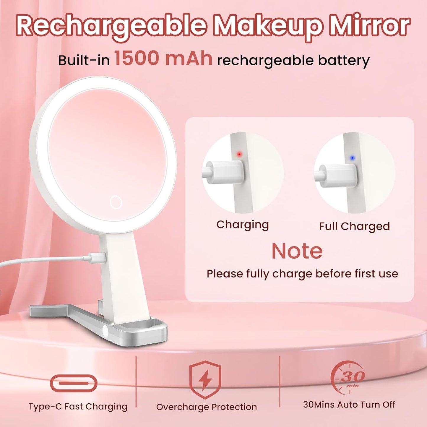 Makeup Mirror with Lights - Double-Sided 10X Magnification | Portable Rechargeable 3-in-1 Design