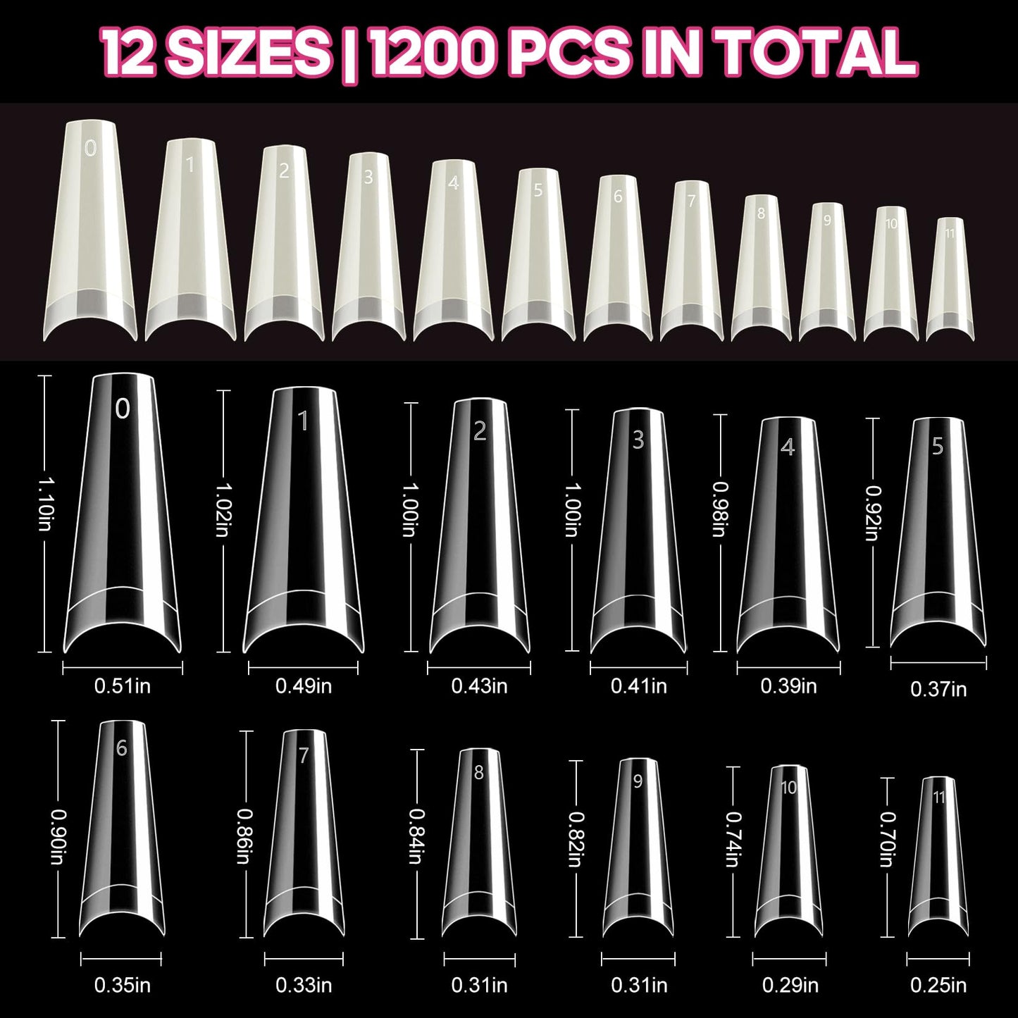 Krofaue 1200PCS Coffin Nail Tips, Clear & Natural Half Cover, 12 Sizes
