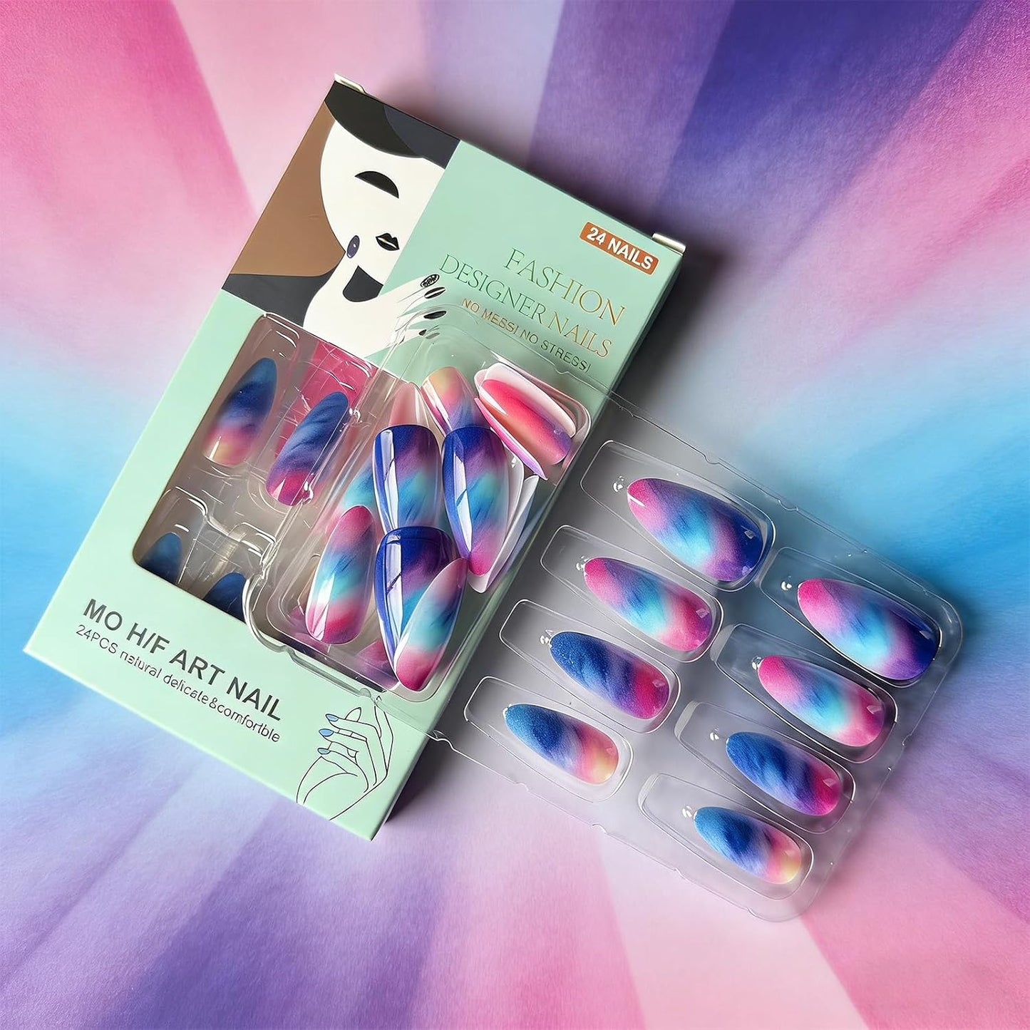 Colorful Gradient Press-On Nails - Medium Almond Summer Sunset | Reusable Glossy Full Cover 24 Pcs with Adhesive Stickers