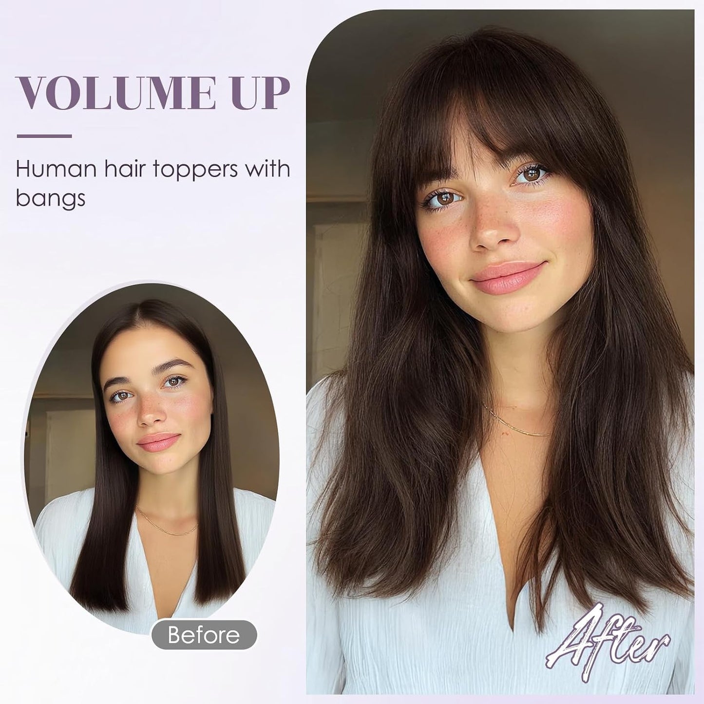 Hair Toppers for Women - Real Human Hair Clip-In 10 Inch Straight Hairpieces | Medium Brown Silk Base with Bangs
