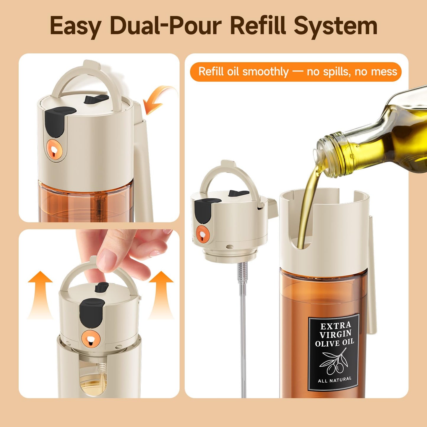 TELUNSHI 500ml Beige Glass Oil Sprayer, Dark-Tinted Glass Fine Mist Spray Bottle for Baking, Salad, Air Fryer, Light Cooking, Refillable 2-in-1 Oil Dispenser
