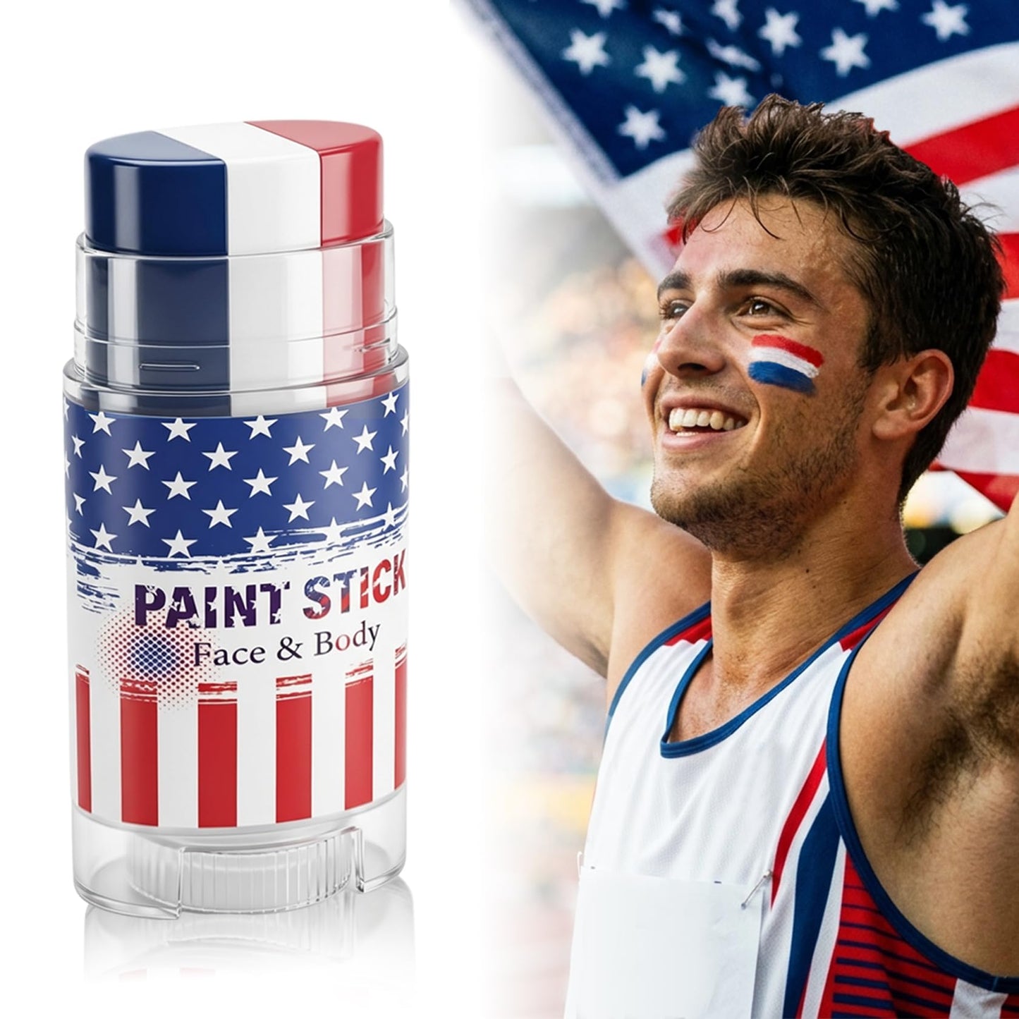 LZXLUKGIR 2PCS Red White and Blue Face Paint Sticks,4th of July USA Face Paint for Independence Day,3 in 1 Colors Face Body Paint Sticks for Soccer,Football,Softball,Baseball Eye Black Stick （01 USA）