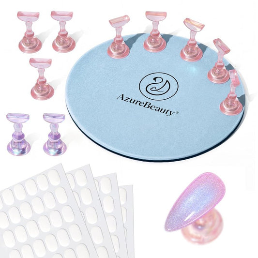 AZUREBEAUTY Nail Stand Set, Magnetic Nail Stand for Press Ons, Acrylic Nail Holder for Painting Nails, Round Metal Base, 200 Double-Sided Sticky Tabs, Nail Tips Practice Display for DIY Salon Supplies