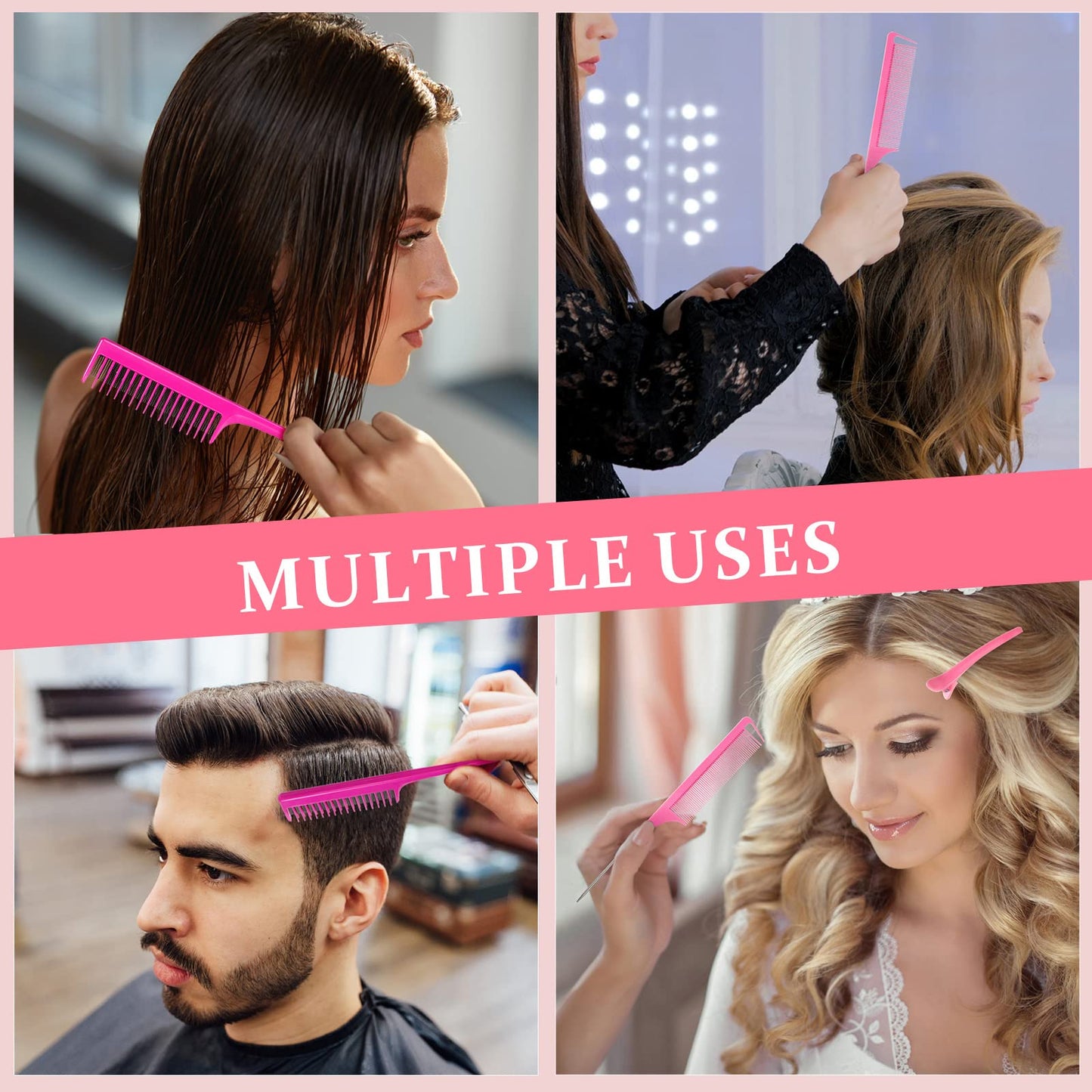 Nuenen 15 Piece Nylon Comb Set for Grooming Salon with Boar Bristle Brush Fluffy Brush Rat Tail Comb Triple Teasing Scrub Dual Edge Scrub and 10 Duckbill Clips for Women(Pink and Black)