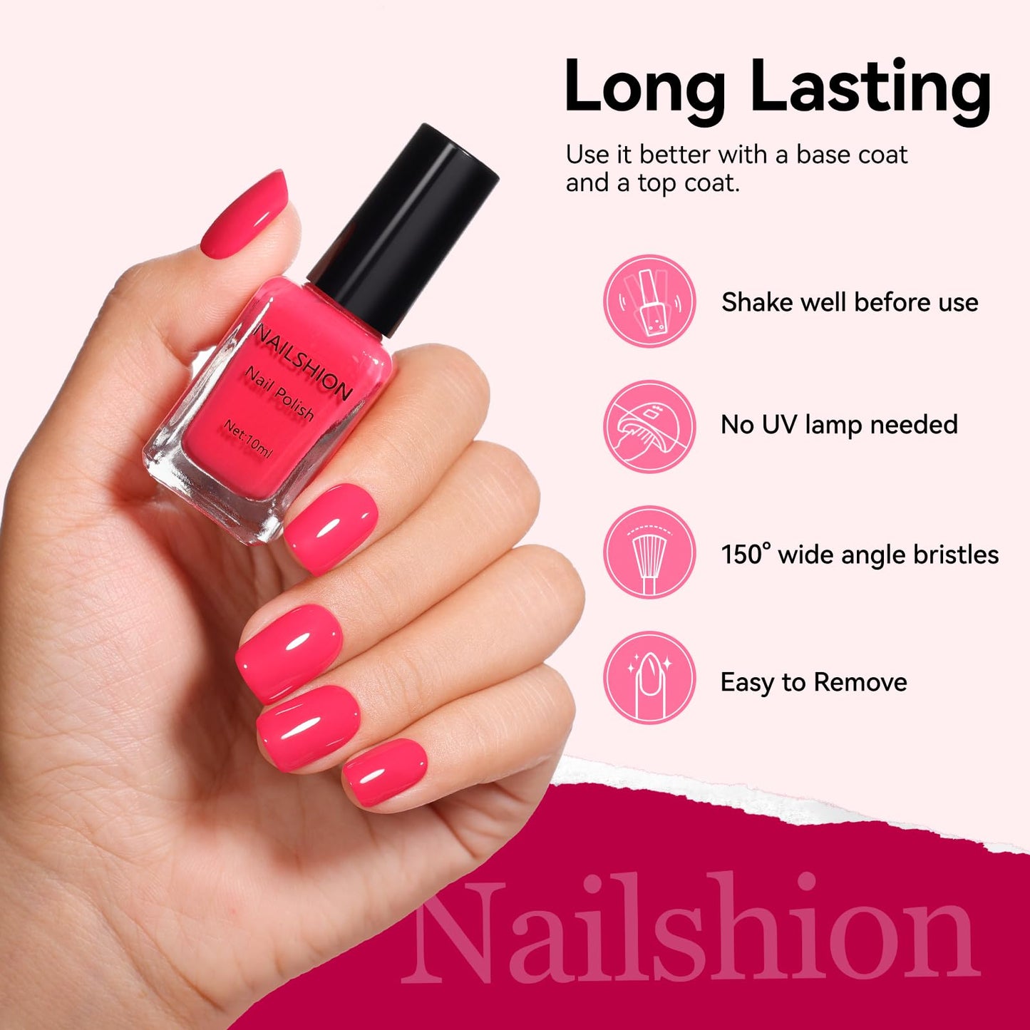 Nailshion Bright Pink Nail Polish, Vibrant Glossy Shine Finish,Fast Drying, Streak-free Formula, Rich in Castor Oil, Salon Quality Chip Resistant Nail Polish DIY Home Travel Nail Art Women Gift,10ml
