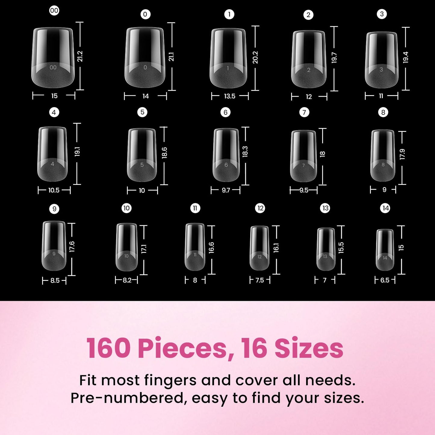 Beetles Gel Nail Tips Flat-X - Square Short, 160pcs 16 Sizes, Pre-Etched Half Matte Full Cover Soft Acrylic False Nail Tips Clear Press on Easy DIY Extension Salon for Flat & Natural Nail Beds